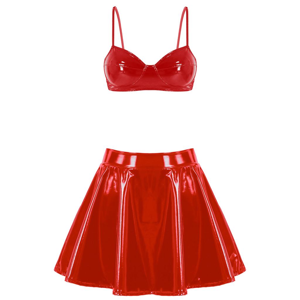 Womens Wet Look Patent Leather Set Wire-free Bra Top with Zipper Flared Skirt for Lingerie Night Club