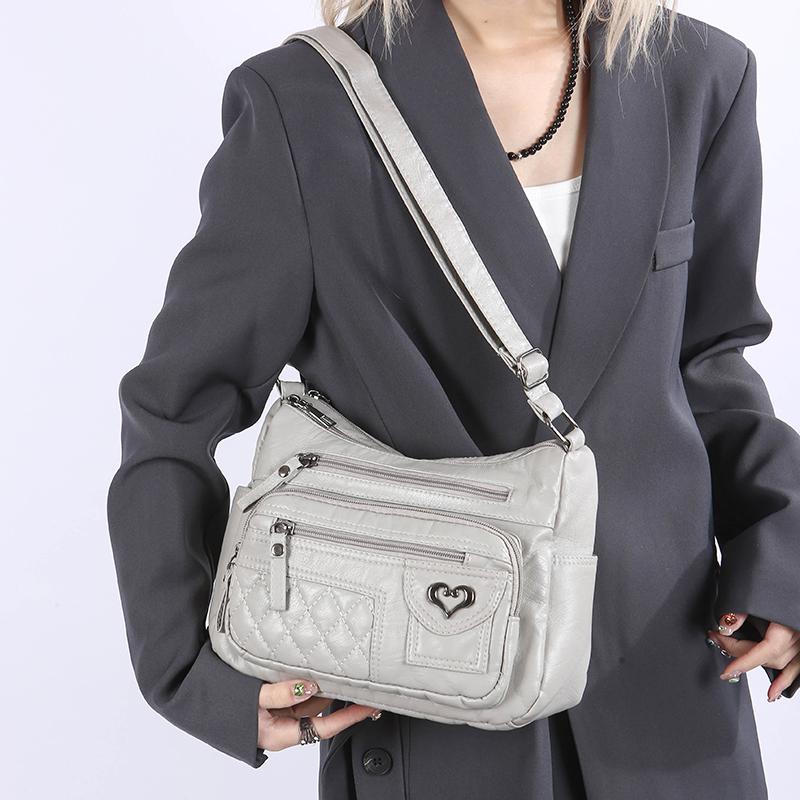 Geantă Moale din Piele cu Straturi Multiple Geantă de Umăr Crossbody pentru Femei Geantă pentru Mamă Geantă pentru Femei de Vârstă Mijlocie