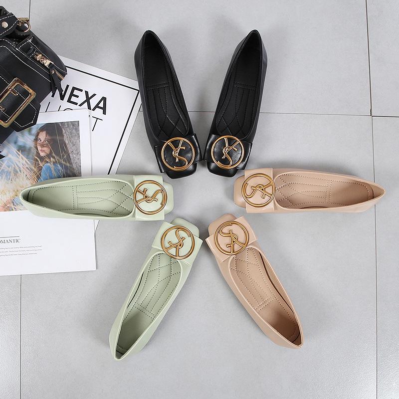 Fashion Spring Shallow Square Toe Flats Casual Shoes Women Metal Letters Slip Comfort Shoes Black for Lady Flat Shoes Largr Size 43 44