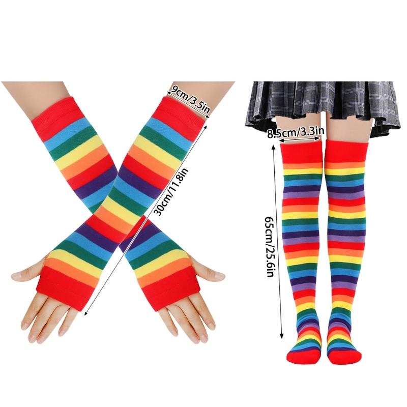 Rainbow Stripe Thigh High Socks Gloves for Female Christmas Party Costume Accessories Stretchy Warm Socks Cosplay Props