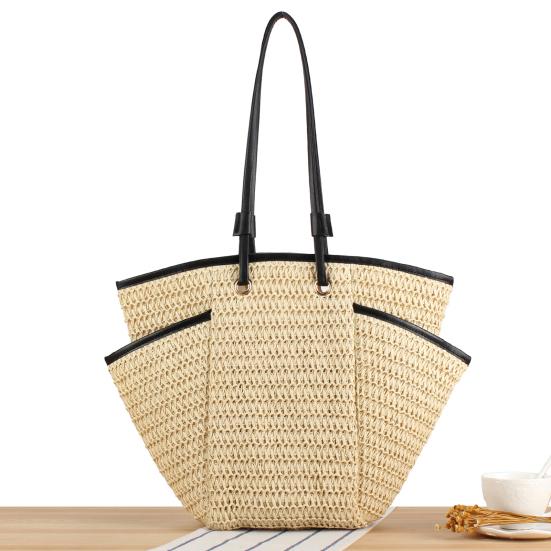 Straw Woven Shoulder Bag with Multiple Pockets Zipper Closure Handmade Braided Vacation Leisure Handbag