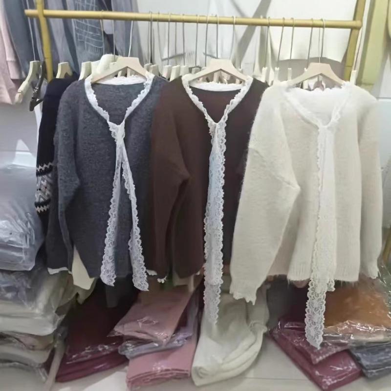 Premium sense v-neck long-sleeved knitted pullover sweater women's autumn and winter new soft waxy lace lazy wind knitted sweater