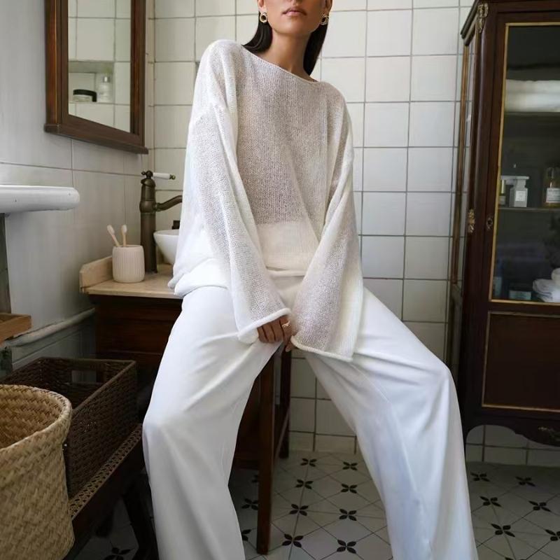 Autumn Hollow Out Knit Top Women's Loose Mesh Woven Sexy Round Neck Sheer Thin Sweater Women