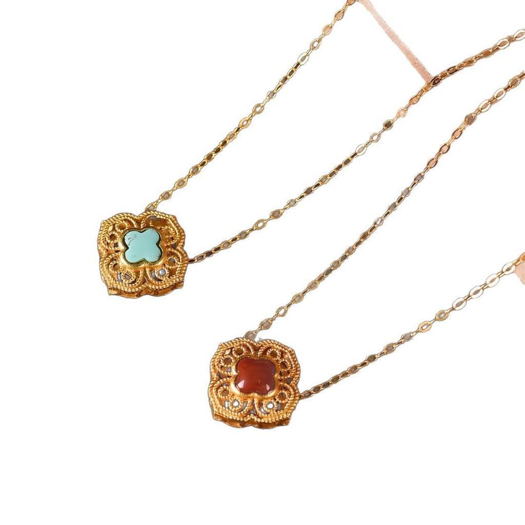 S925 Sterling Silver Turquoise Four-Leaf Clover Necklace with Chinese Window Lattice Clavicle Chain - Fashionable and Versatile X142