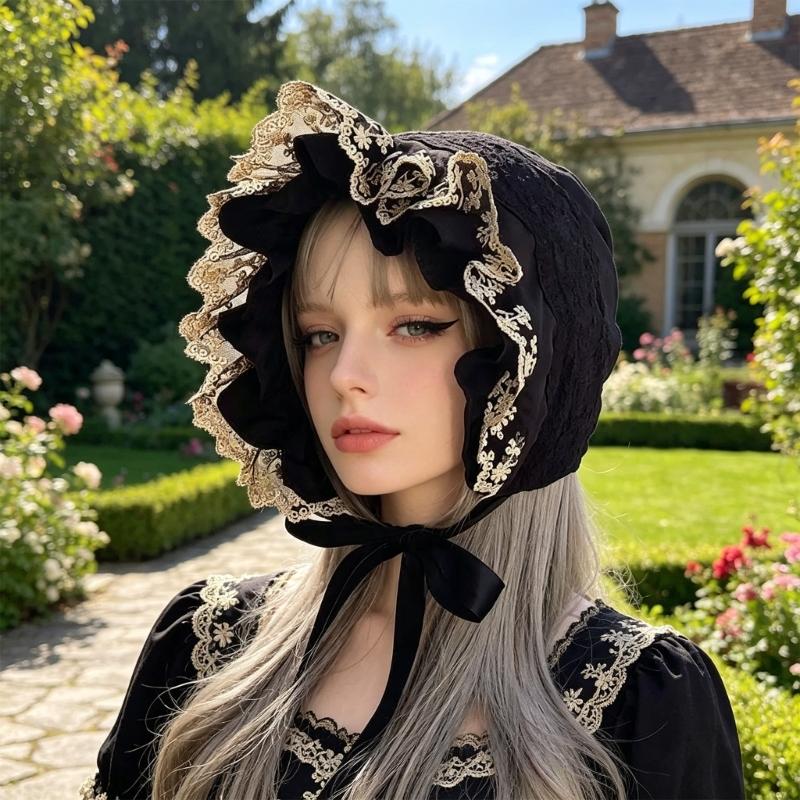 Ruffled Brim Bonnet Hat with Lace Edge and Chin Ties, 55-60 Cm Decorative Headwear for Gatherings and Portraits