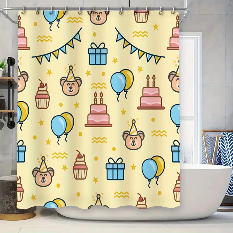 

Party Animal Bash Shower Curtain Kids Bathroom Decor With Bears, Balloons Cupcakes In Pastel Colors For Toddler Room Or Nursery W60H190(CM)-1 Pcs