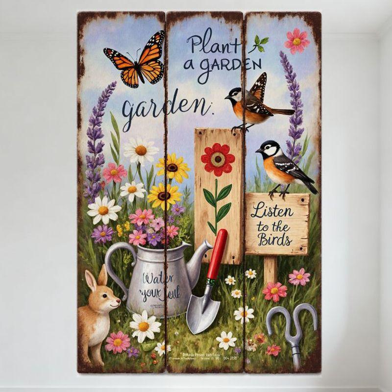 Garten-Triptychon Metallblechschild Skuriler Monarchfalter Meisen Vögel Blumen Wanddekoration für Zuhause Garten Büro Wohnzimmer
