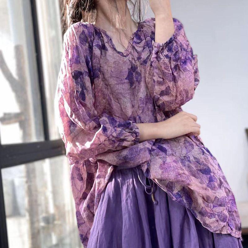 

Chubby Slimming Artsy Ramie Skirt Print Shirt Purple clothes M [Suggested 47.50 kg-57.50 kg]]