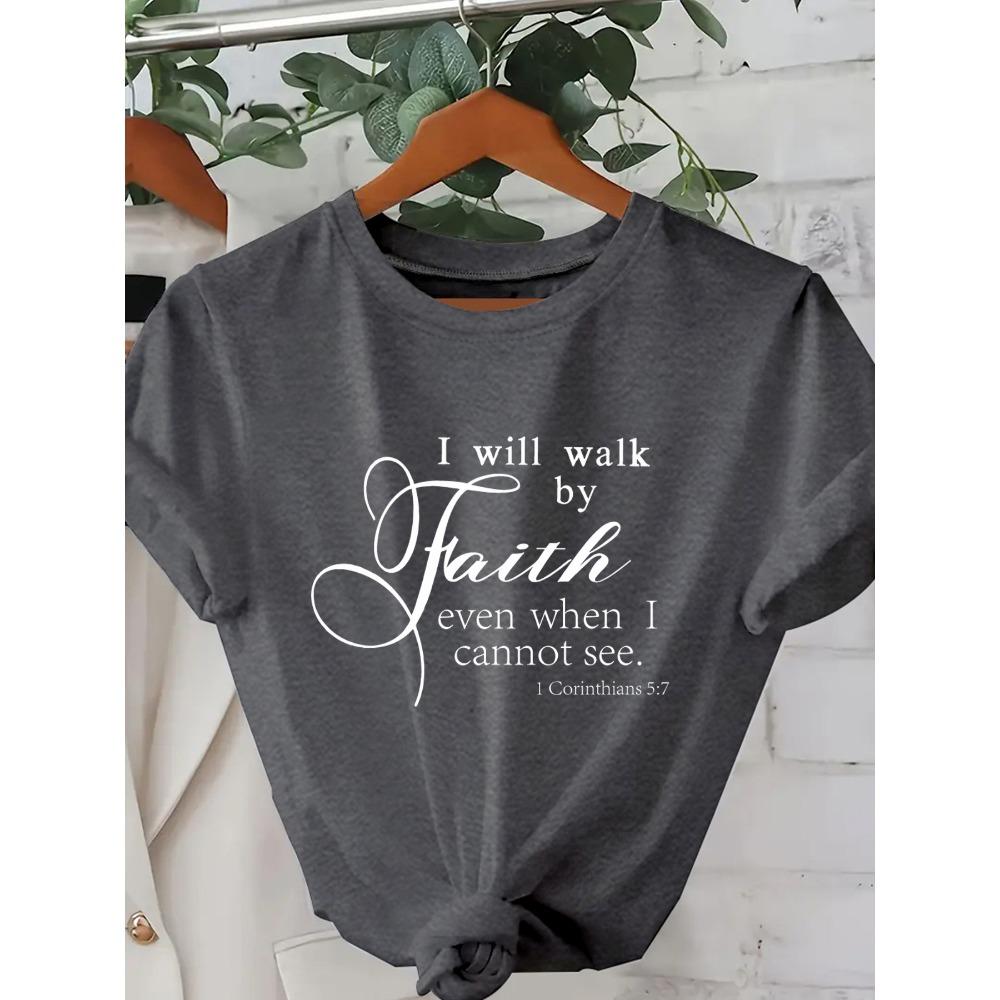 

Women Cotton Short Sleeves T-shirts Walk By Faith Women s Tee Bible Verse Graphic Pink Casual Top S