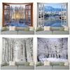 Window Outside Snowflake Forest Tapestry Winter Landscape Tapestries Wall Hanging Home Art Decor Blanket for Bedroom Living Room