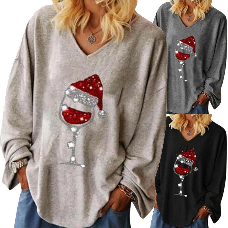 Christmas Wine Womens Glass Tee Tshirt Vneck Long Sleeve Pullover Tops Blouse