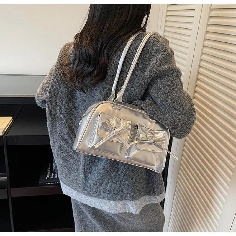 Versatile Bowknot PU Leather Women's Shoulder Bags Fashi Glossy Ladies Underarm Bags Casual Large Capacity Female Handbag