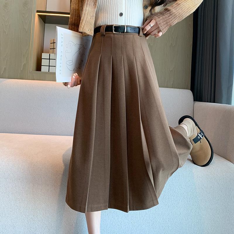 2024 New High Waist Black Woolen Pleated Midi Skirt for Autumn/Winter