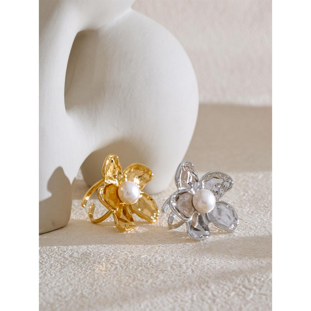 Yhpup Stainless Steel Flower Open Adjustable Ring Elegant Chic Finger Jewelry Imitation Pearls Women Trendy Accessories Ring