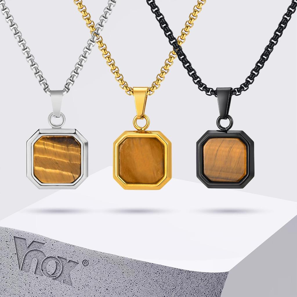 Vnox Stainless Steel Square Pendant Necklace for Men Women, Tiger Eye Turquoise Natural Stone Pendant Box Chain Jewelry Gifts