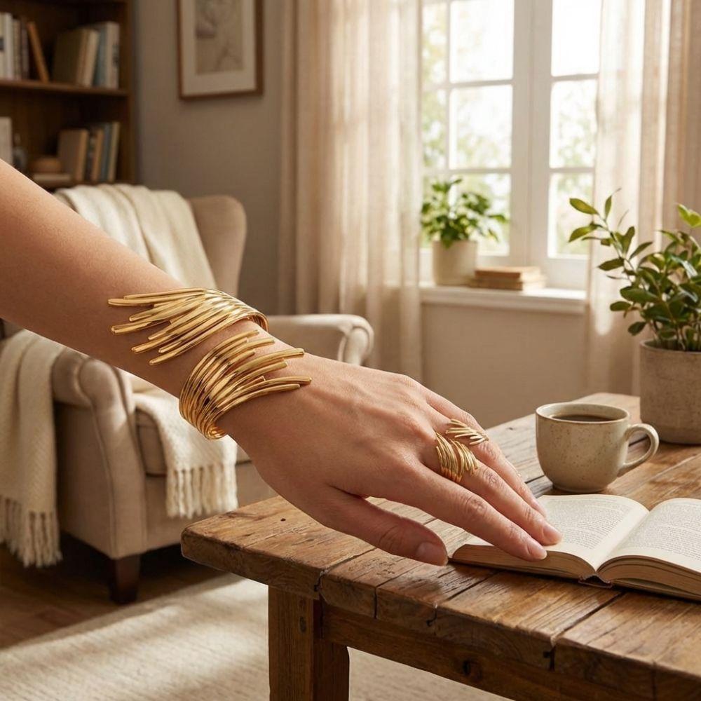 Geometric Metal Open Bangles Artistic Upper Arm Cuff Fashionable Bangles Ring Set Party Jewelry