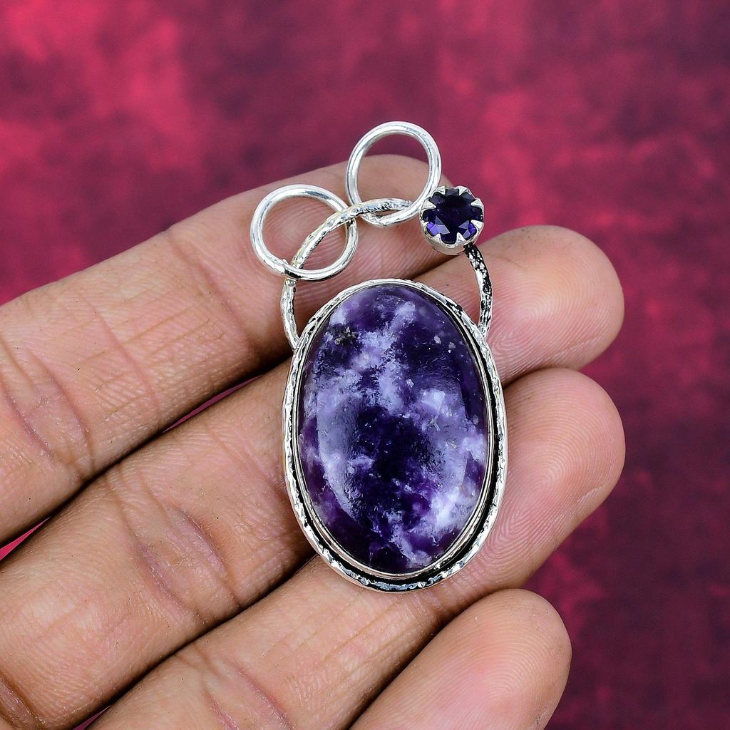 Lepidolite & Amethyst Pendant Gemstone Jewelry, 925 Solid Sterling Silver Pendant, Gift For Women Handmade Pendant