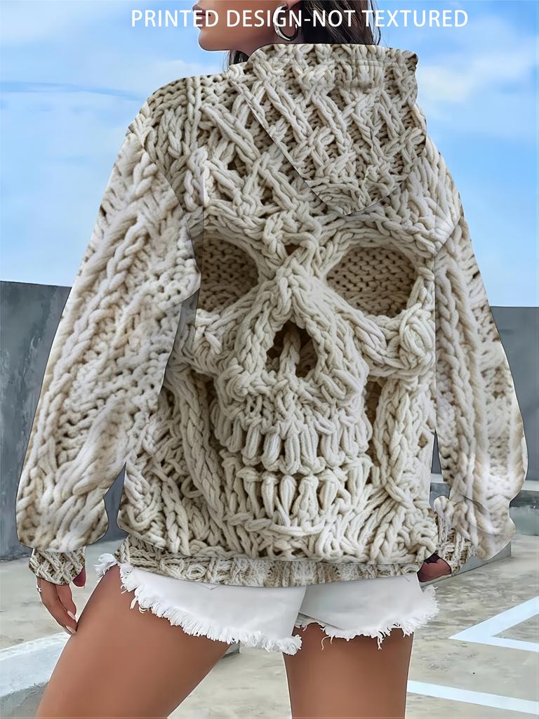 Women's Hooded Sweatshirt, Simulated Thick Wool Knitted Skull Creative Print Autumn Top