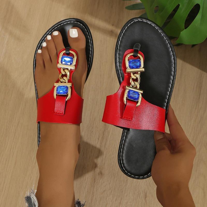 Fashion Women's Fashion Flat Slippers Summer New Round Head Clip Toe Square Drill Metal Chain Soft Sole Non-slip Sandals