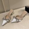 Fashion Women Crystal Bow -Knot Slippers Brand Pointed Toe Slip On Mules White Thin High Heels Outdoo Dress Wedding Shoes