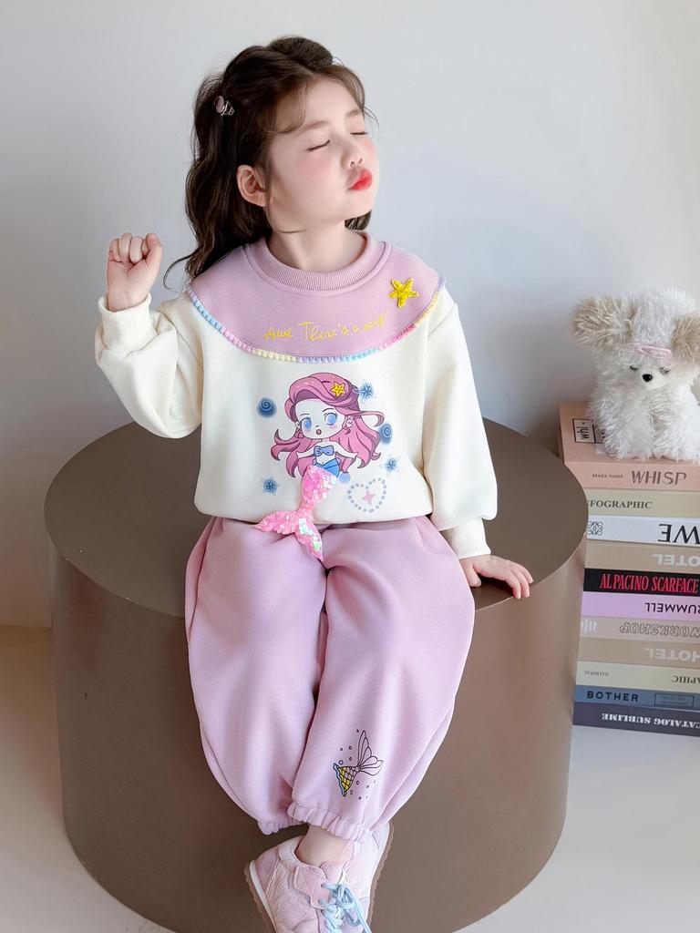 Wiosenny Zestaw Bluza Syrenka dla Dziewczynek - Casualowa Dwuczęściowa Odzież Sportowa dla Małych Dziewczynek