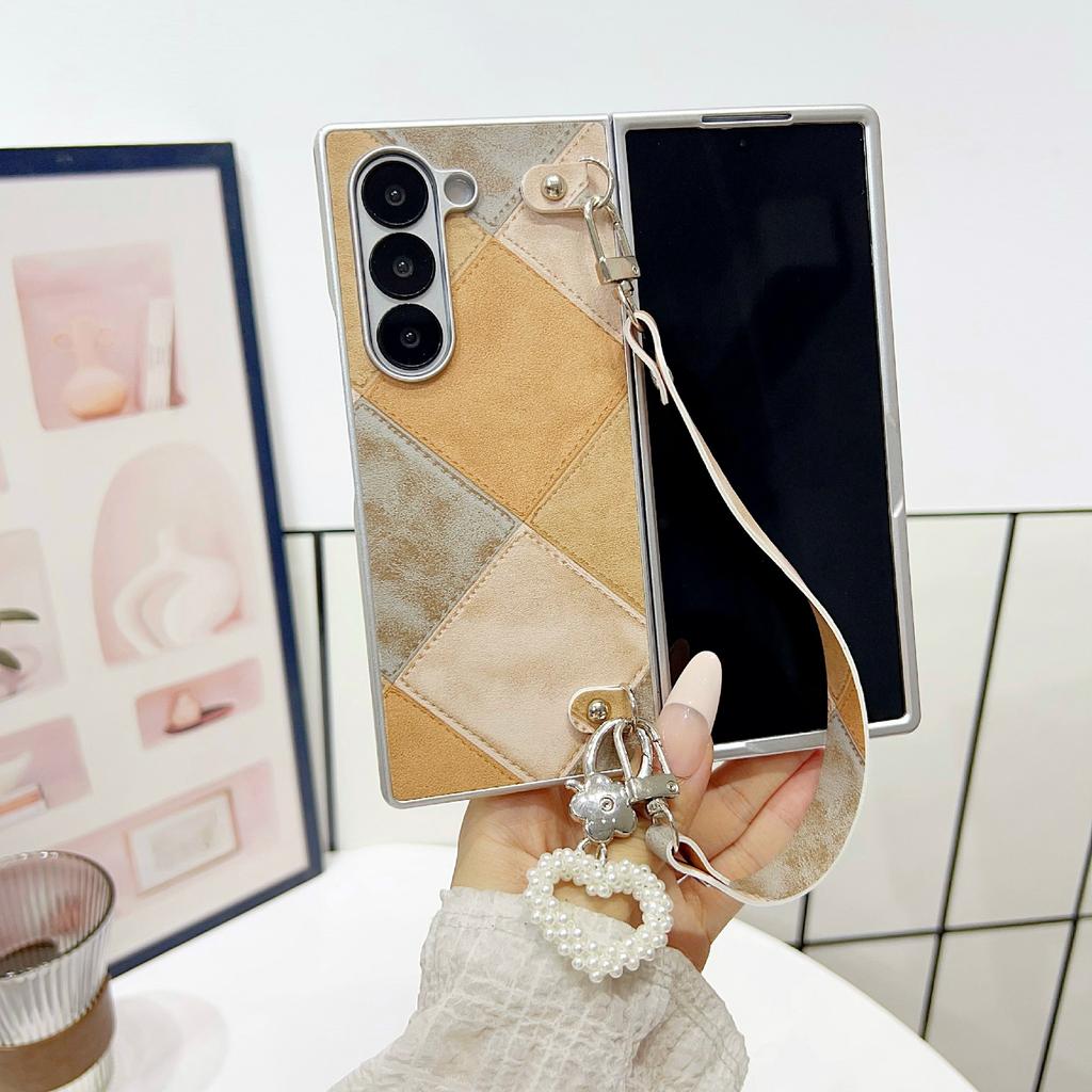 For Samsung Galaxy Z Fold6 5G Case Retro Rhombus PU+PC Phone Cover with Love Pendant and Strap