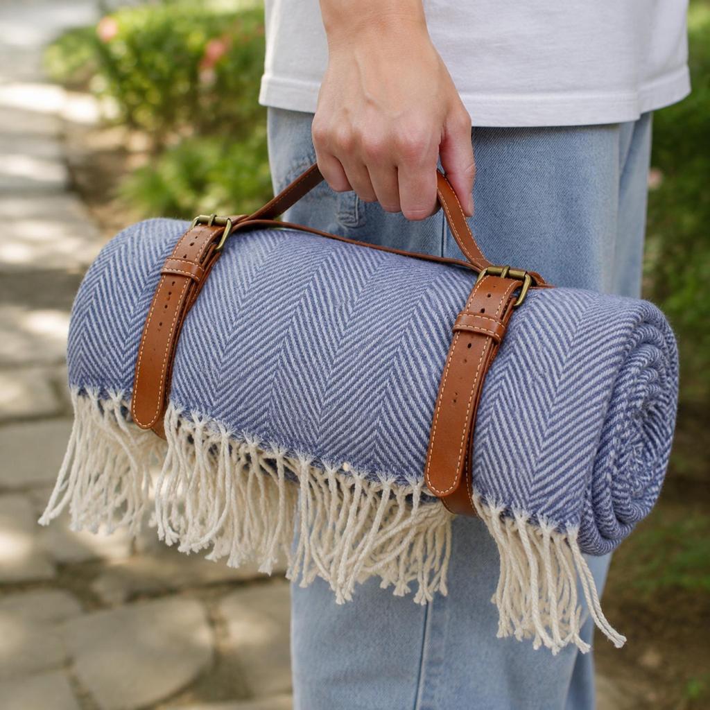 Picnic Mat with Leather Carry Straps Water-Resistant for Camping, Beach Outings