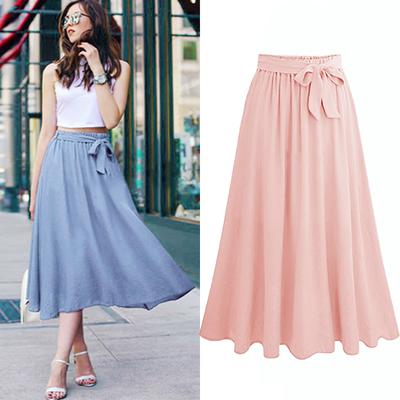 Summer Woman Plus Size Solid Chiffon Long Pleated Lace Up Skirt Elastic Waist Bohemian Style Boho Skirt A Line Midi Skirts