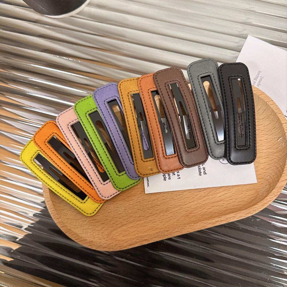 Candy Color Square Leather Hair Clip Pu Leather Side Clip Fashion Girl Hairpin  Travel