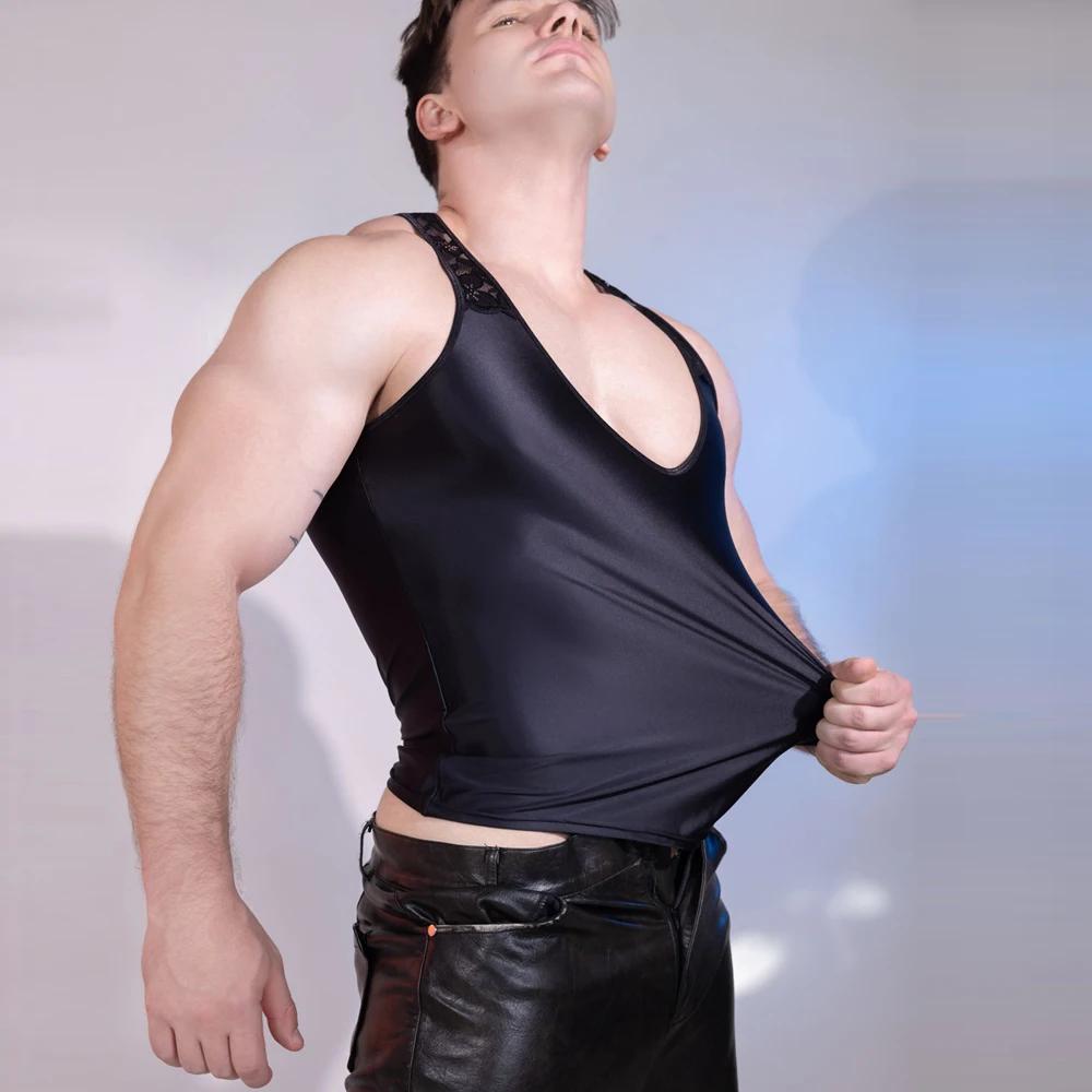 Sexy Men Lace Tank Top Oil Glossy Shiny Vest Mesh Sheer See Through Thong Stain Smooth Tights Elastic Shaper Top T-Shirt
