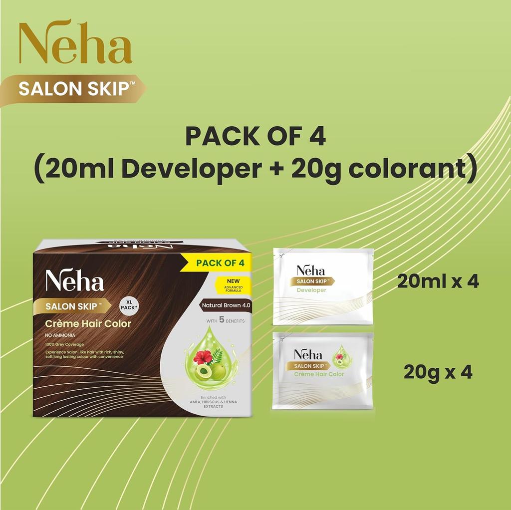 Neha Salon Skip Crème Hair Colour Ammonia-Free Natural Brown With Amla Hibiscus Henna 20g+20ml X 4 Sachets