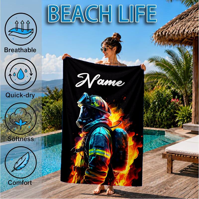 Custom Name Firefighter's Courage Beach Towel Microfiber Beach Towel, Lightweight and Quick-Dry, for Summer Travel, Swimming Pool Gift