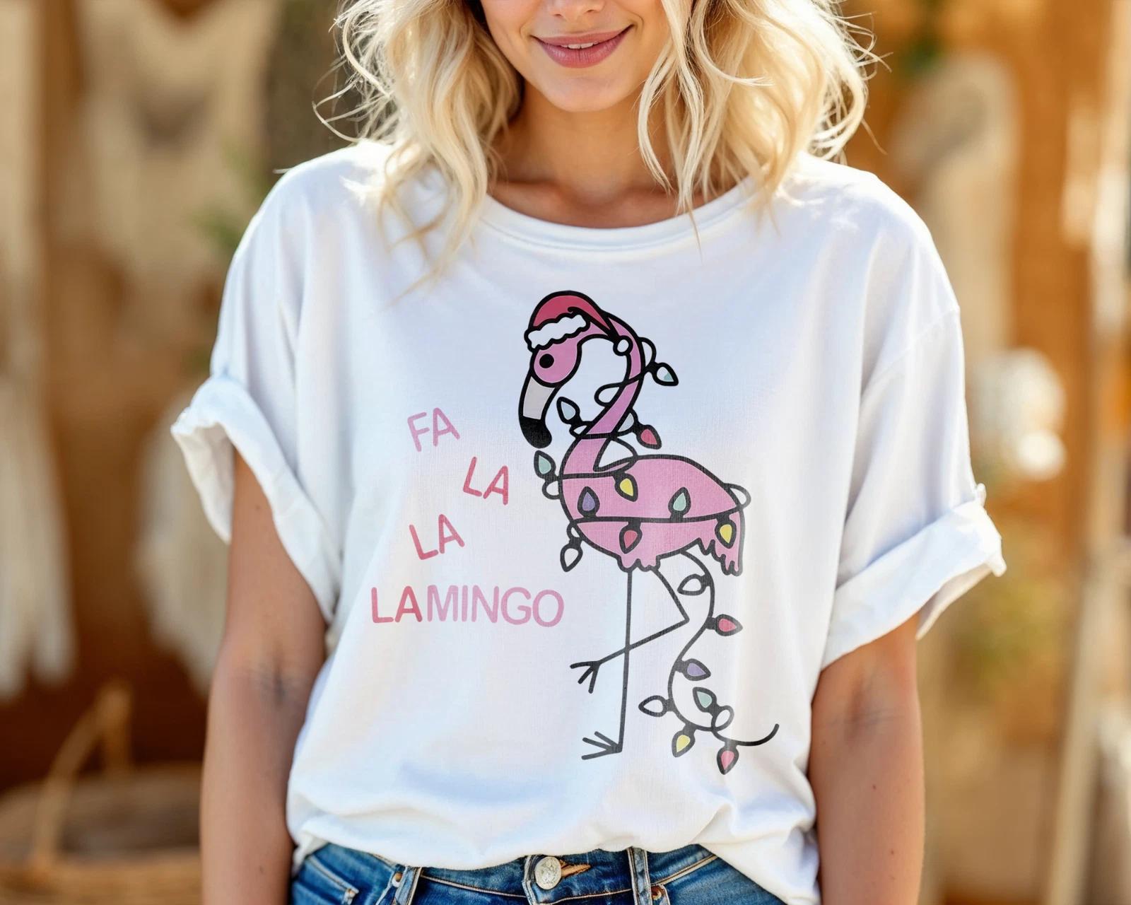 Fa La La Flamingo Christmas T-Shirt Funny Pink Flamingo Holiday Lights Tee A198 S