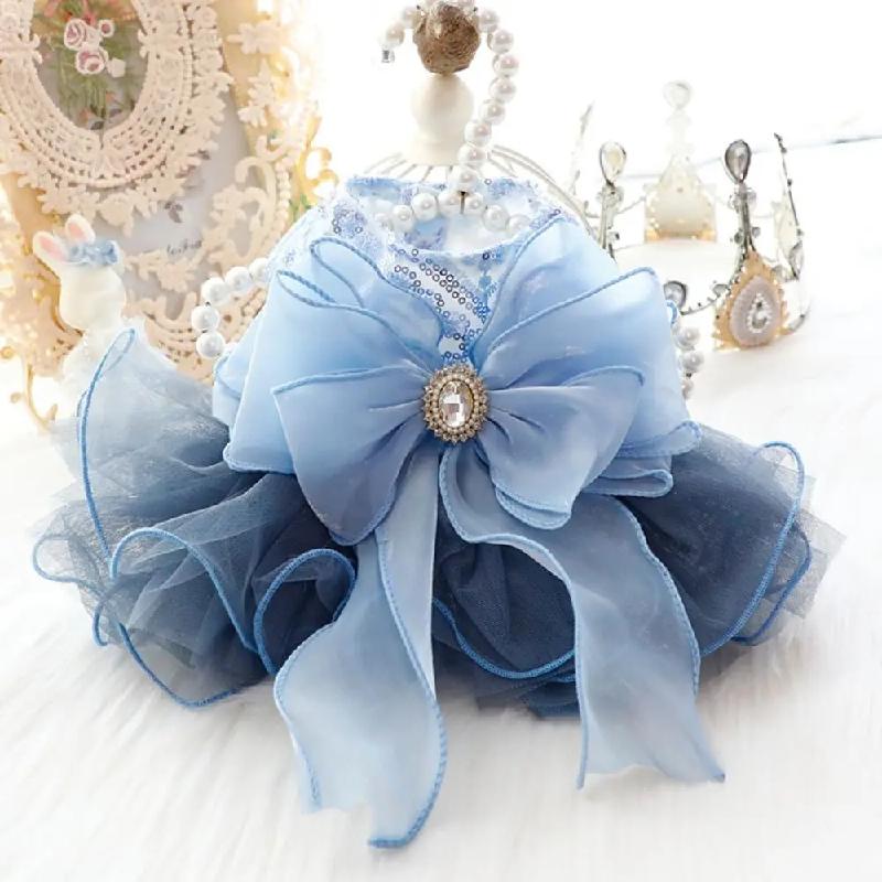 Puppy Gown Fluffy Pet Princess Dress Soft Cute Puppy Fairy Skirt Blue Big Bow Cat Dog Wedding Dress Birthday Party