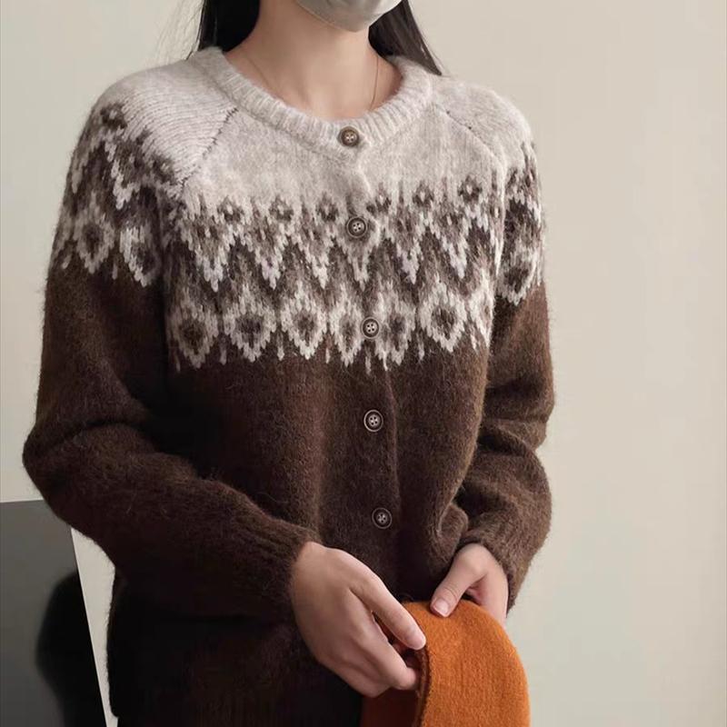 spring autumn color matching Knitted Sweater vintage printing Short Cardigan jacket Loose Crew Neck korean casual Sweaters Women