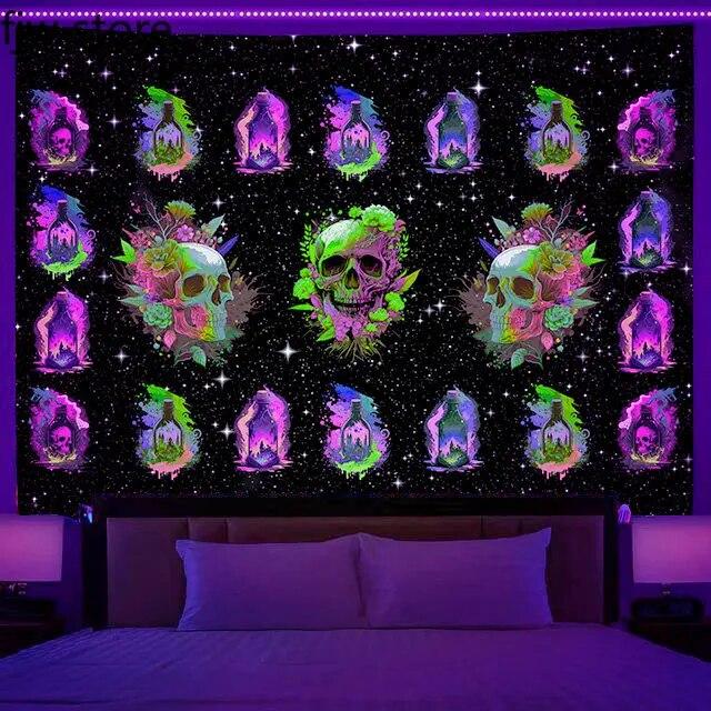 

Флуоресцентная Волшебная Бутылка Череп Гобелен Ткань Настенный Богемный Декор Комнаты Хиппи Эстетический УФ Домашний 100x75cm