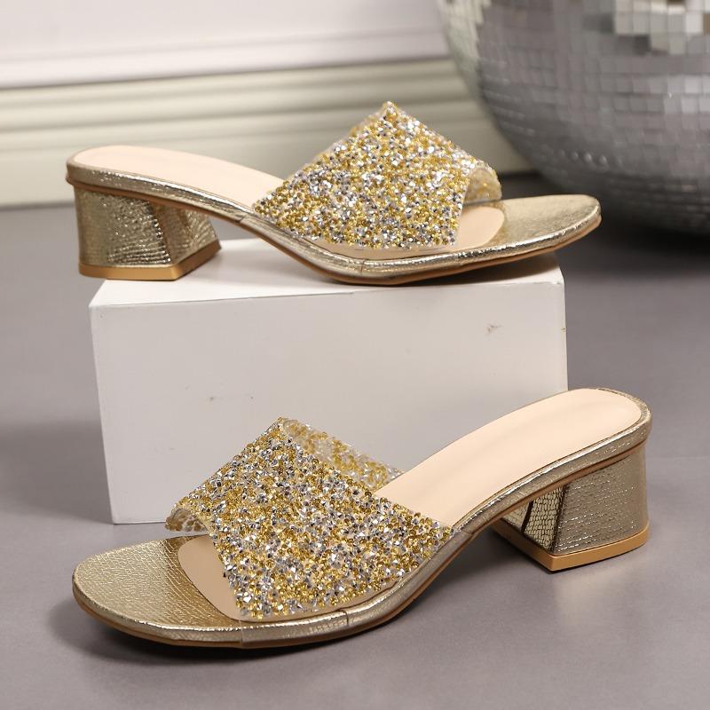 Fashion 2025 Summer New Women's High Heels Slippers Luxury Fashion Terrace Thick Heel Sandals Female Elegant Sequin Design Women's Shoes