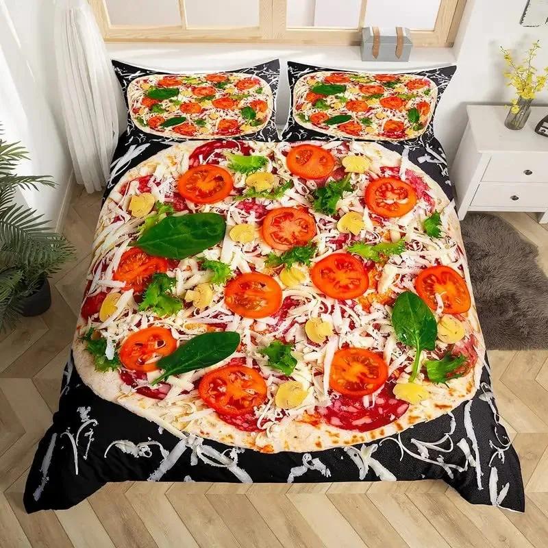 Pizza Bettbezug-Set Käsepizza Bettwäsche-Sets Pepperoni Nudeln Bettdeckenbezug-Set Full Queen Größe Lebensmittel-Thema Gesteppte Decke