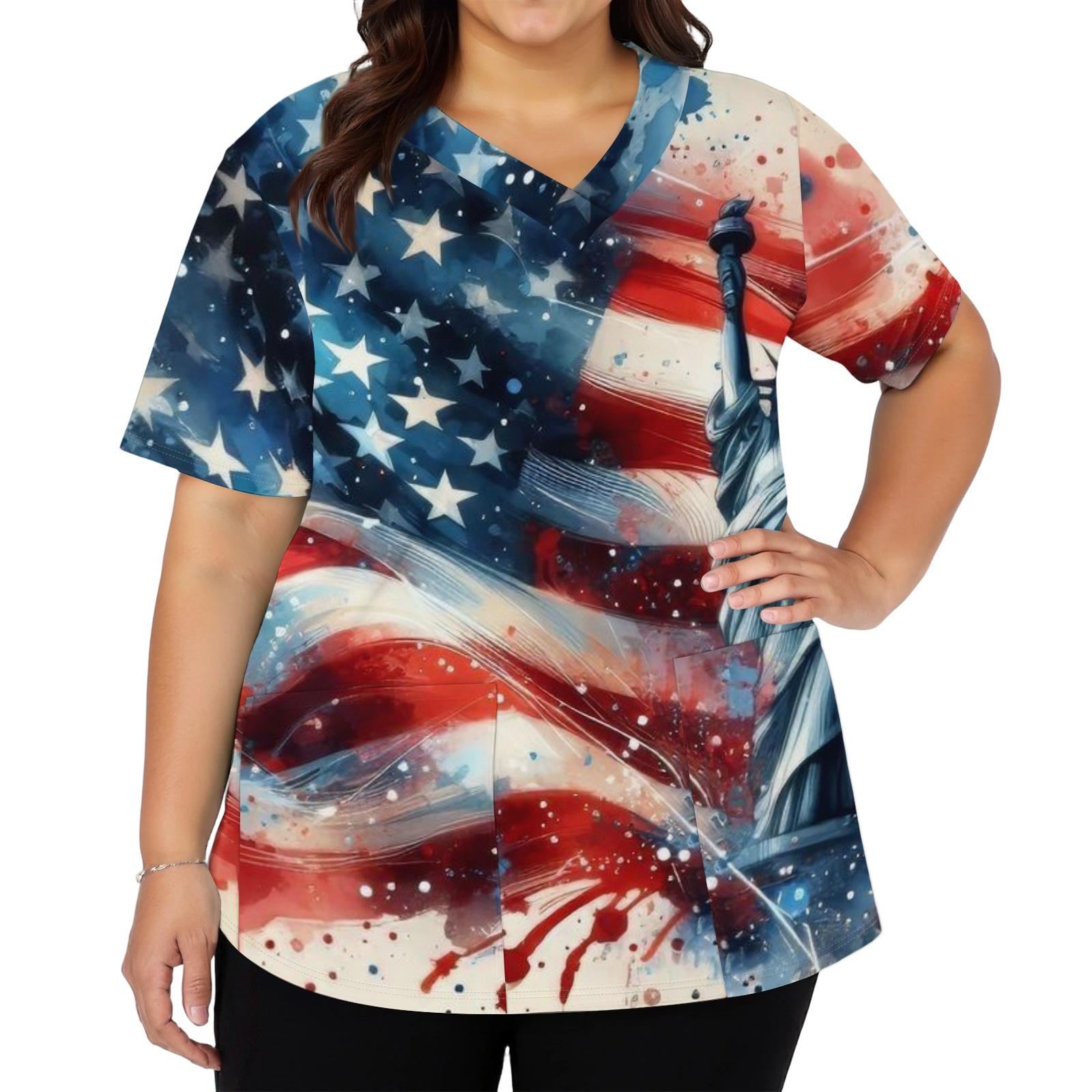 

Женская модная повседневная рабочая рубашка с принтом американского флага и звезд к Дню независимости, с V-образным вырезом, короткими рукавами, разрезами по бокам и карманами XXXXL
