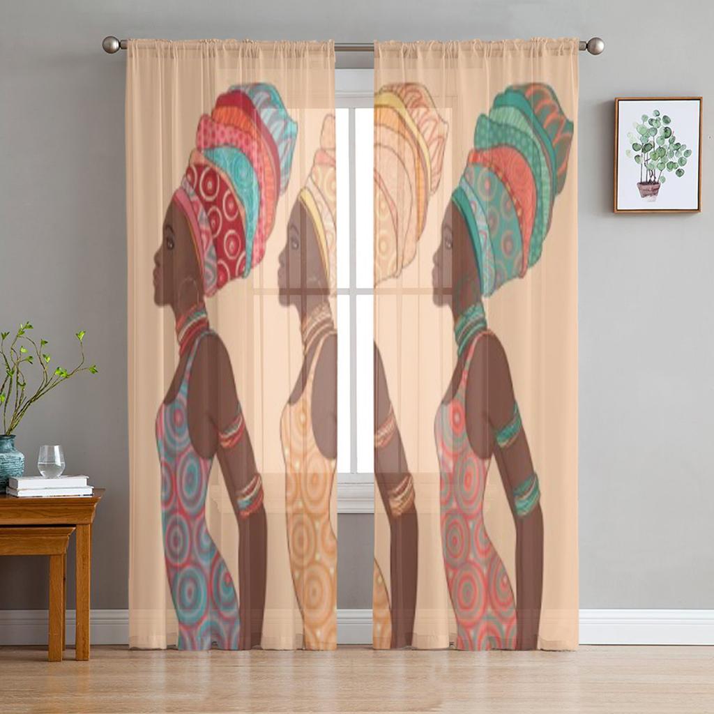 Pretty African American Woman Traditional Chiffon Sheer Curtains for Living Room Bedroom Window Curtain Voiles Tulle Cortinas