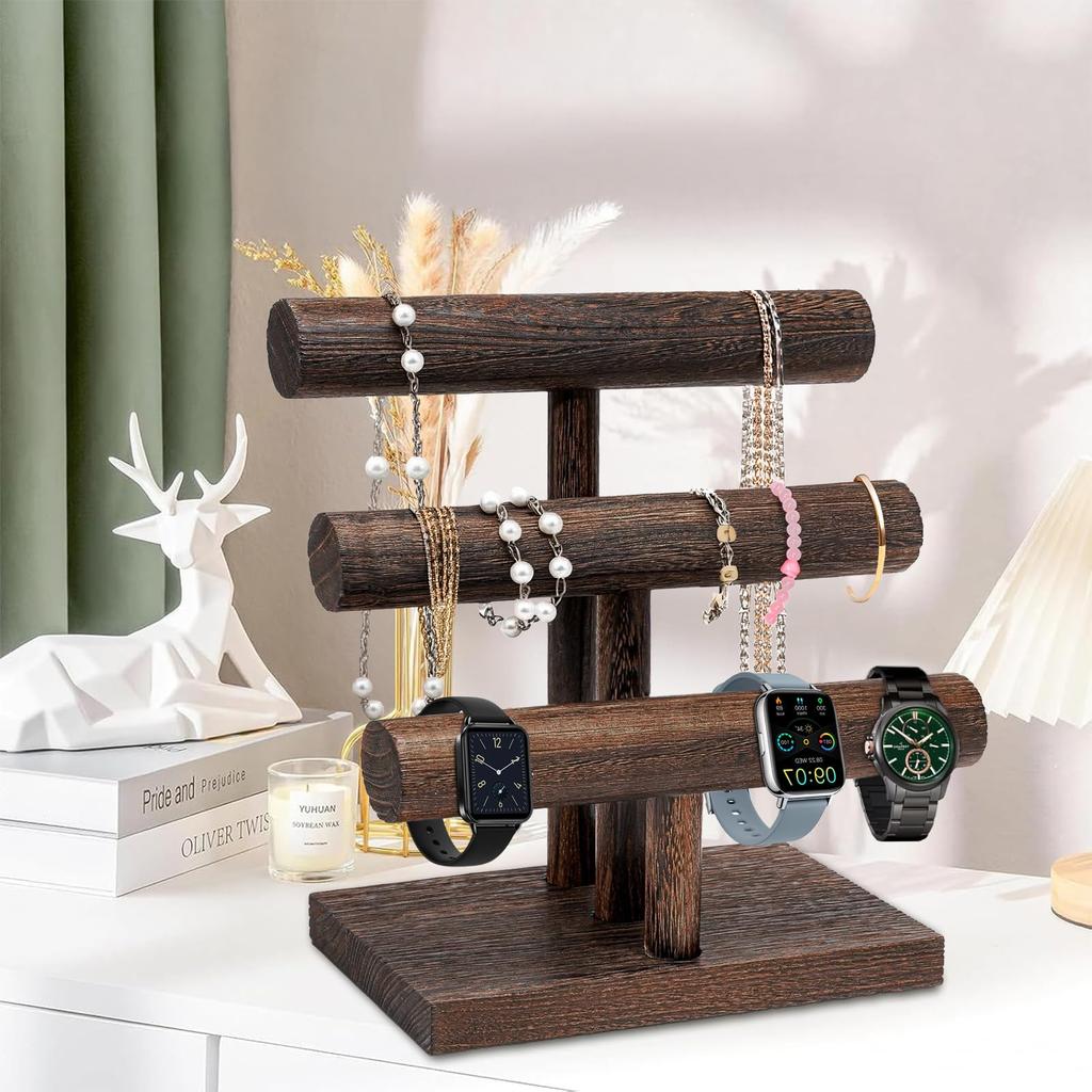 Wooden Bracelet Watch Accessory Stylish Easy Assembly Stand, 3-Tier Stand, Holder, T-Shaped, Removable, Display,