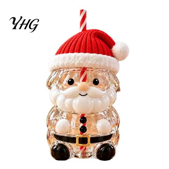 Glassware for Kitchen Christmas Santa Straw Cup, High Borosilicate Glass Tumbler, Durable Drinking Vessel Reusable Cup Cold Beverages And Festive