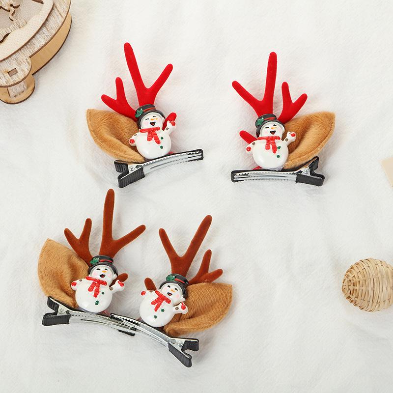 Cartoon Snowman & Reindeer Antler Christmas Hair Band and Duckbill Clip Set