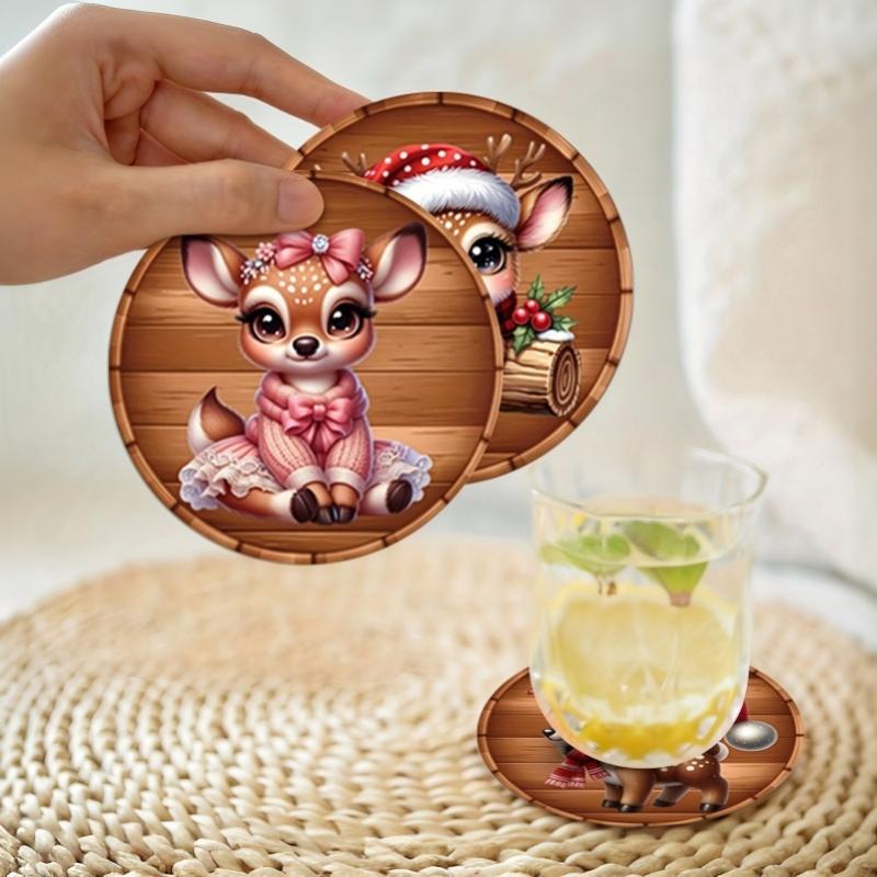 6/8 Stück Runde Holz-Untersetzer im Weihnachts-Design, Rutschfest und Hitzebeständig, Für Büro und Küche, Dekorative Tassenhalter, Geschenke