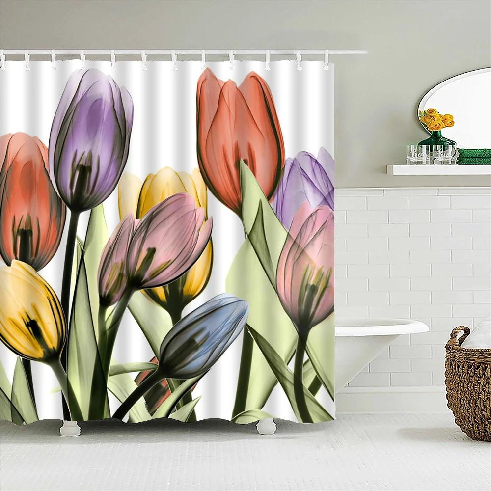 Kolorowy Tulipan Kwiaty Róży Drzewa Zasłona prysznicowa Zasłony Łazienkowe Natura Kwiat Wodoodporna Tkanina Polieste Wanna Wystrój Domu