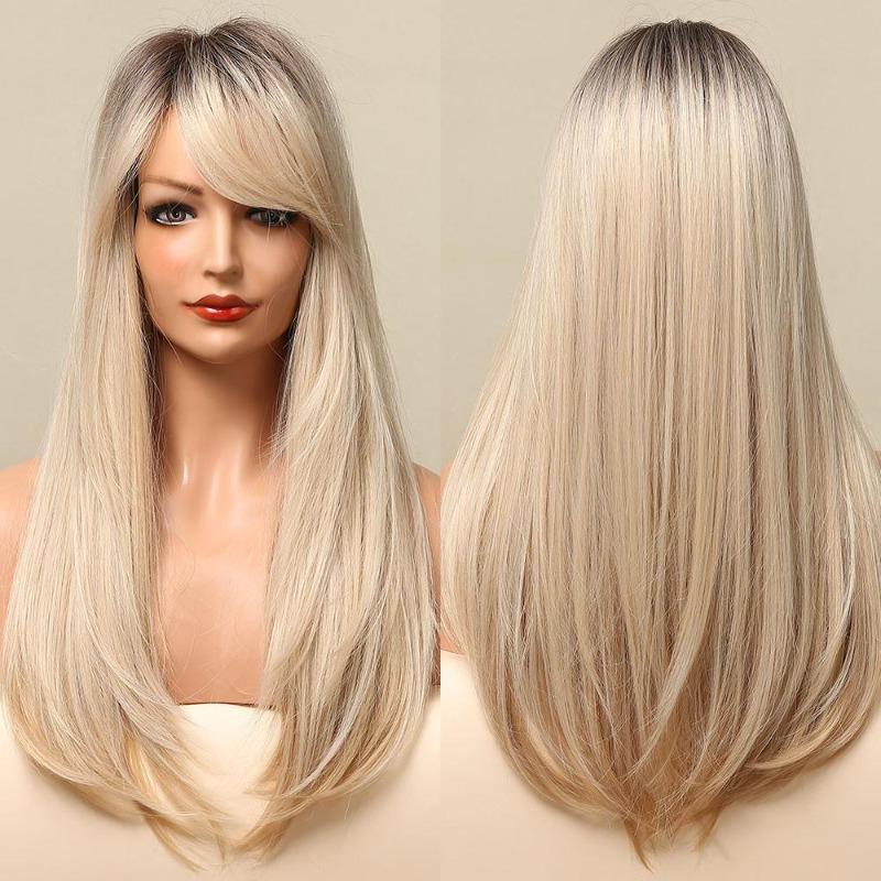 Long Straight Blonde White Ombre Synthetic Wig With Bangs Cosplay Hair Wigs for Women Heat Resistant KTB