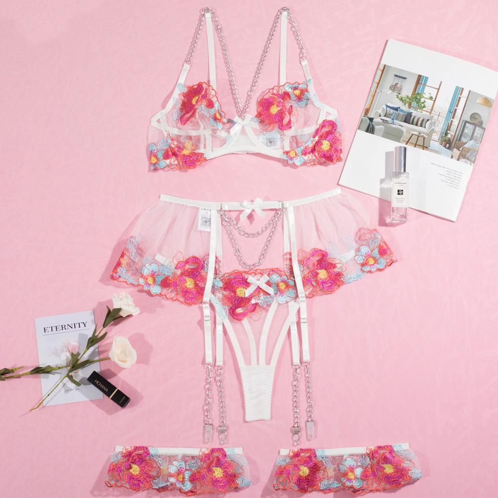 Clothes Sexy Underwear Bra Hollow Perspective Embroidery Chain Garter Bow Sex Set