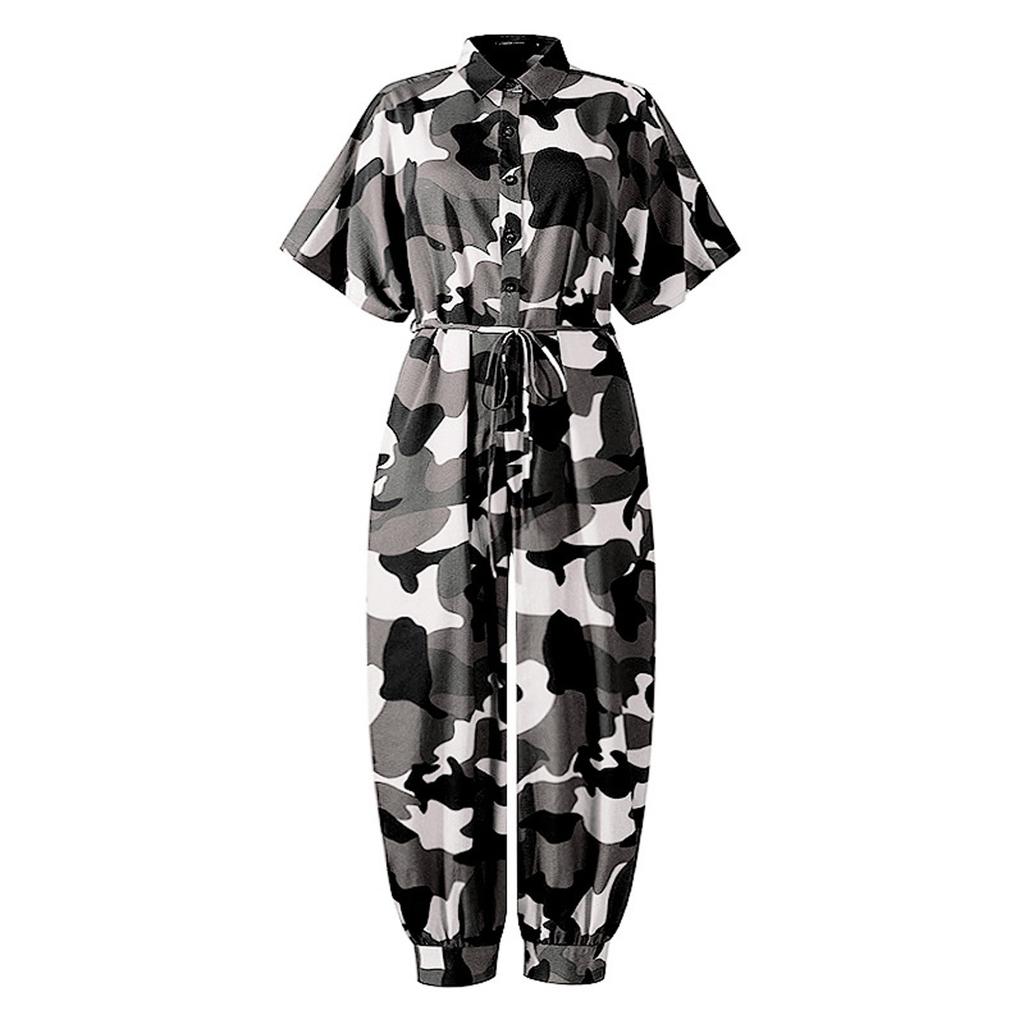 Leopard Jumpsuit Female Retro Female Short-Sleeved Button Casual Pants Loose