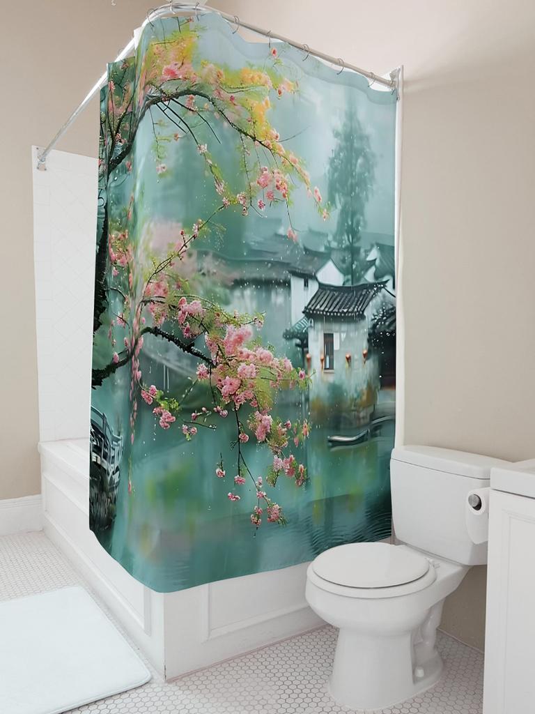 Elegant Scenic Shower Curtain With Blossom Tree And Traditional House Water Village Artwork For Home Decoration Elevate Space