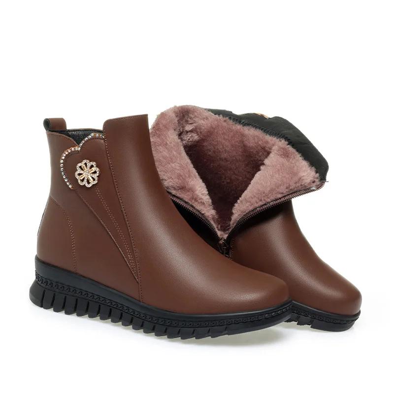 

4 см Повседневные Удобные Мягкие Кожаные Туфли Платформа Снежные Ботильоны Зима 2025 Плоский Каблук Теплый Мех Плюшевые Боты для Мамы на Каждый День 41